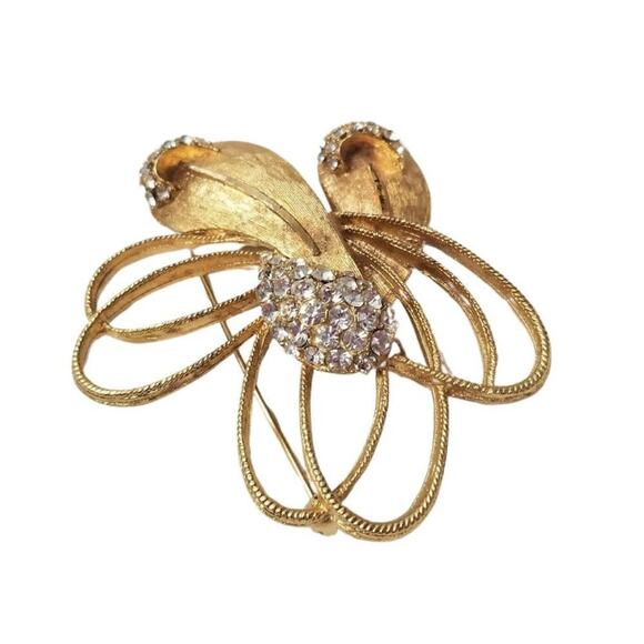 BSK Vintage Mid Century 1950s Avant-garde Rhinestone Spiral Floral Brooch Pin - Picture 1 of 3